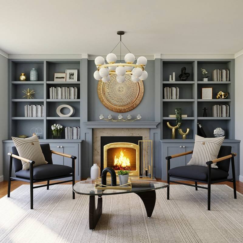 Salon avec cheminée entre deux bibliothèques