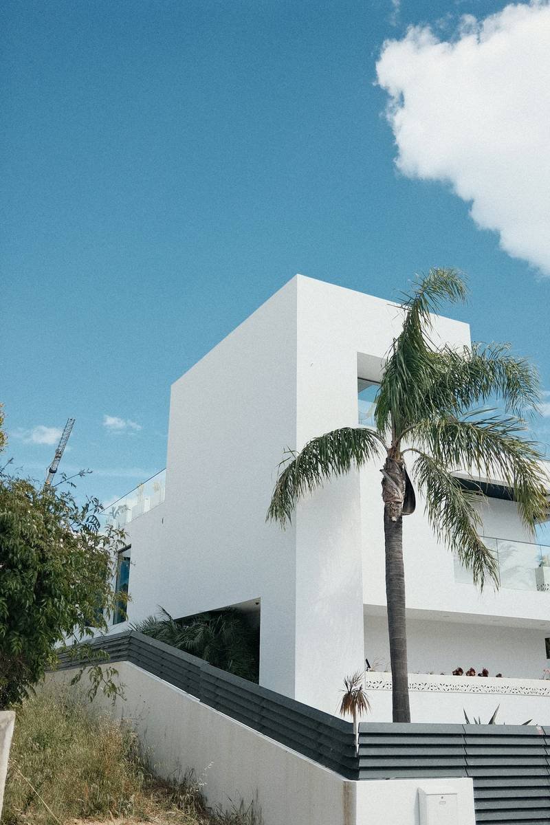 Façade blanche épurée d’une villa, palmier au premier plan